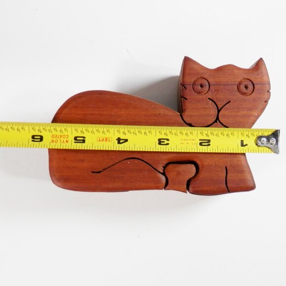 Vtg Handmade Craftsman Wood 3D Cat Puzzle 6" Folk Art Animals Trinket Box - Picture 7 of 7